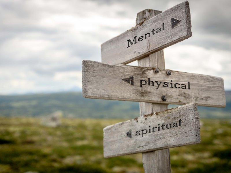 mental physical spiritual quote text on wooden signpost outdoors in nature